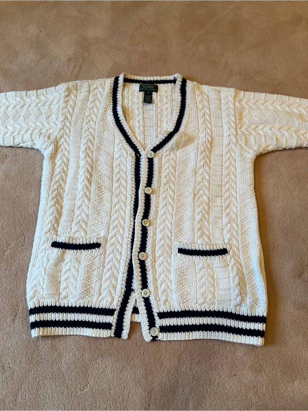 Lauren Ralph Lauren White Cable Knit Cardigan with Navy Trim (M)